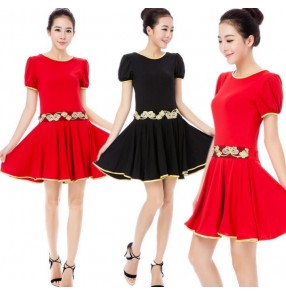 Black red round neck women's ladies short sleeves competition performance latin dance dresses